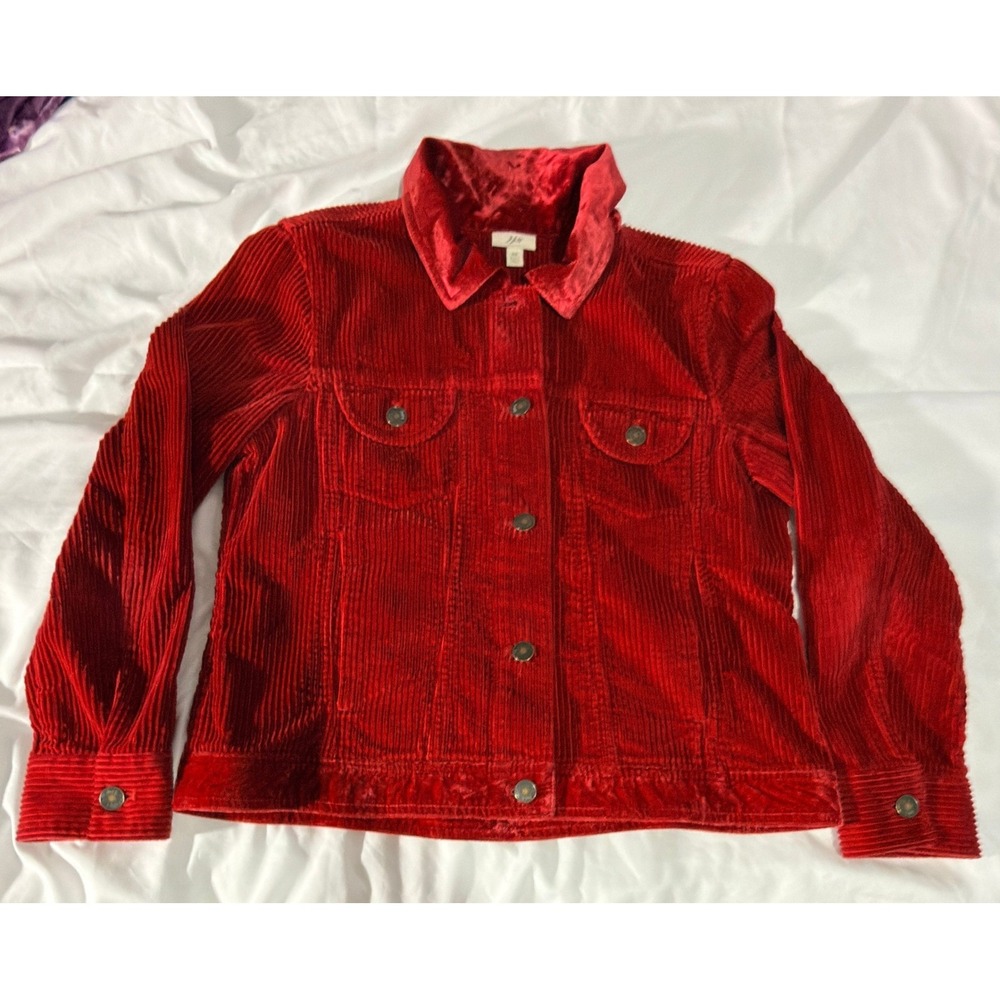 J. Jill Red Corduroy Trucker Jacket Velvet‎ Trim Button Front Womens XS Soft